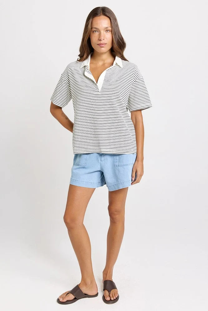 BETTY BASIC Freddy Cotton Polo Top - White/Navy Stripe