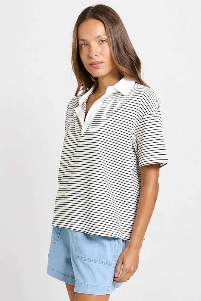 BETTY BASIC Freddy Cotton Polo Top - White/Navy Stripe