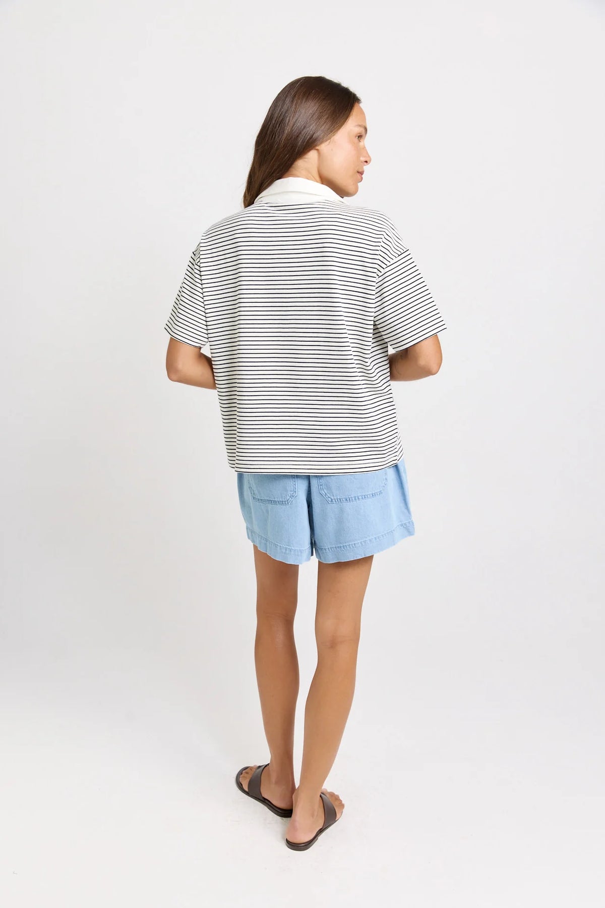 BETTY BASIC Freddy Cotton Polo Top - White/Navy Stripe