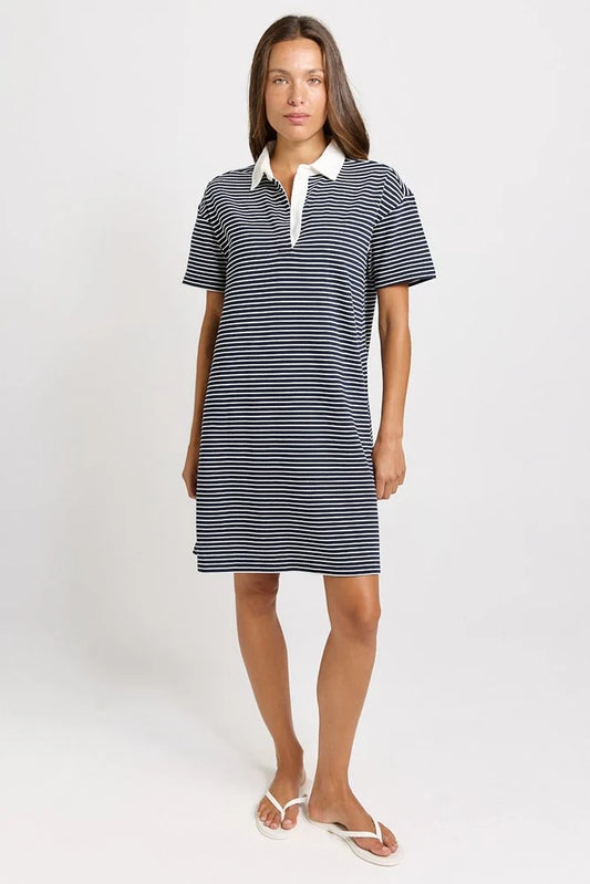 BETTY BASIC Freddy Cotton Polo Dress - Navy/White Stripe