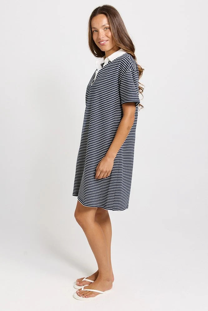 BETTY BASIC Freddy Cotton Polo Dress - Navy/White Stripe