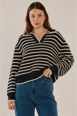 BETTY BASICS Aberdeen Polo Knit Sweater - Navy Stripe