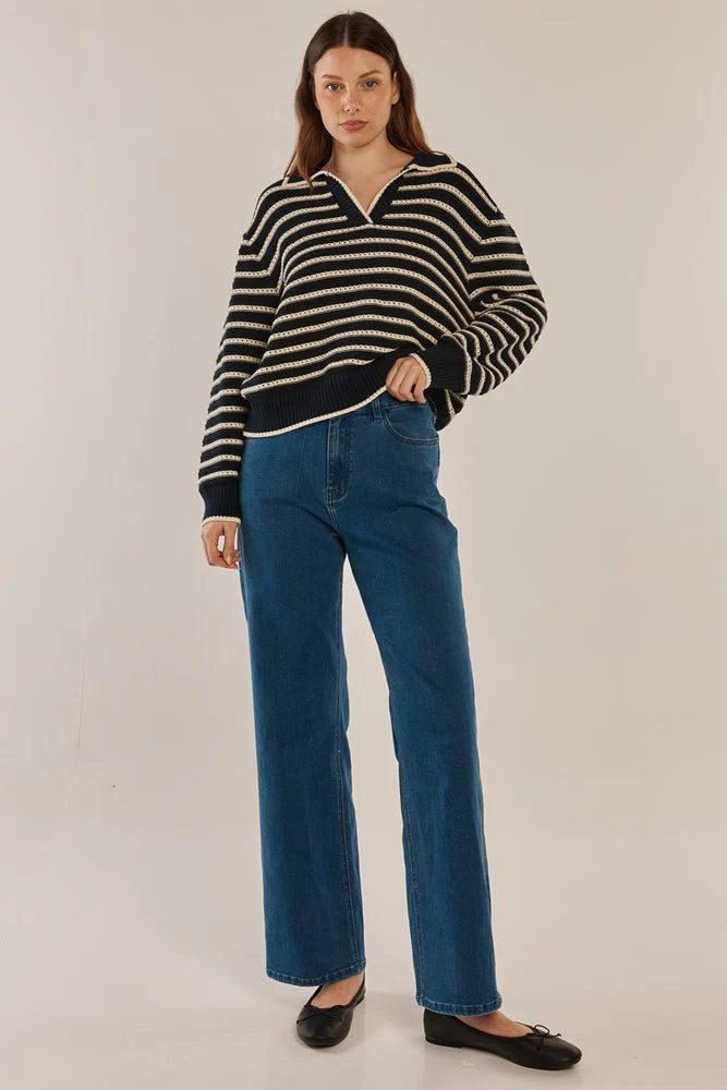 BETTY BASICS Aberdeen Polo Knit Sweater - Navy Stripe