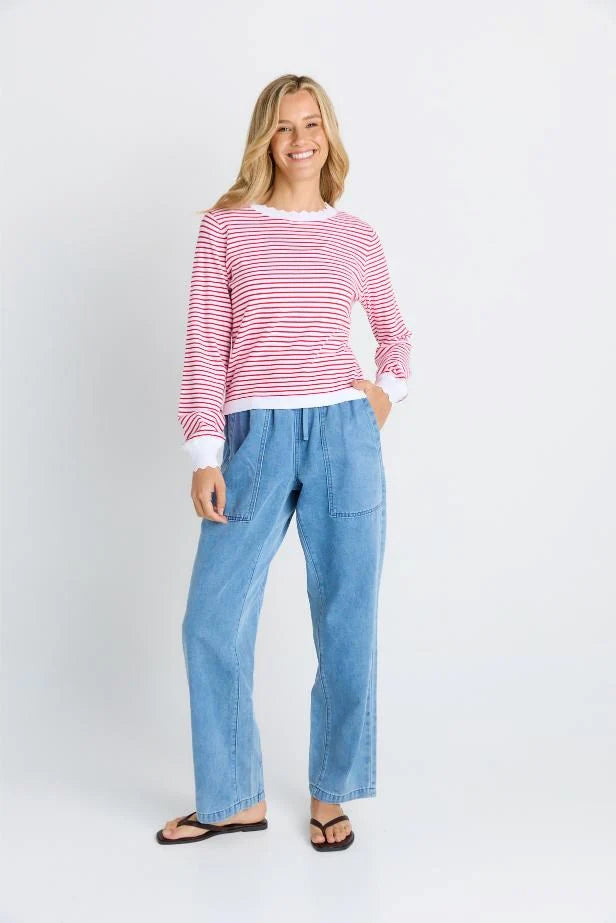 BETTY BASICS Scallop Knit Sweater - Red Stripe