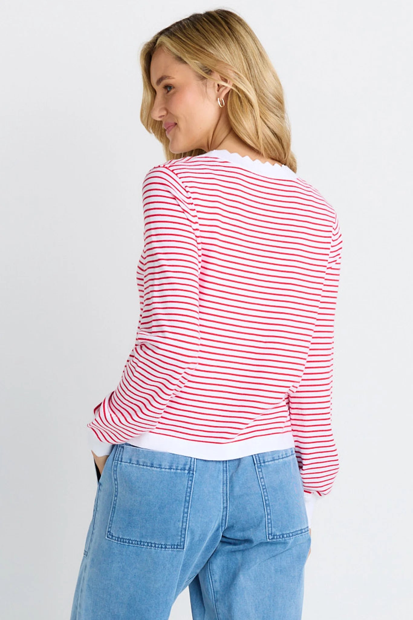BETTY BASICS Scallop Knit Sweater - Red Stripe