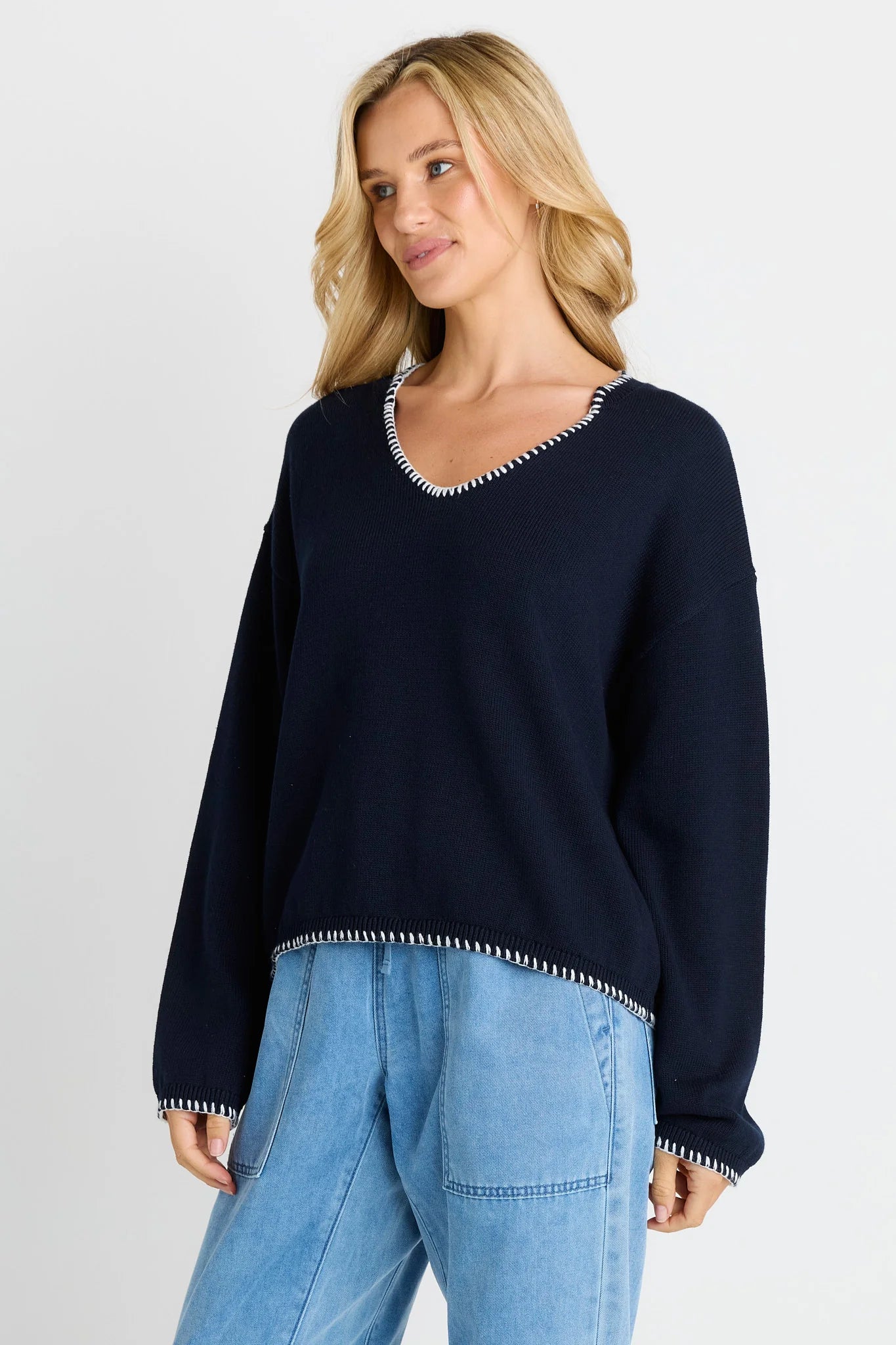 BETTY BASICS Ascot Stitch Sweater - Navy