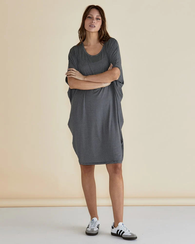 BETTY BASICS Maui Dress - Charcoal Stripe