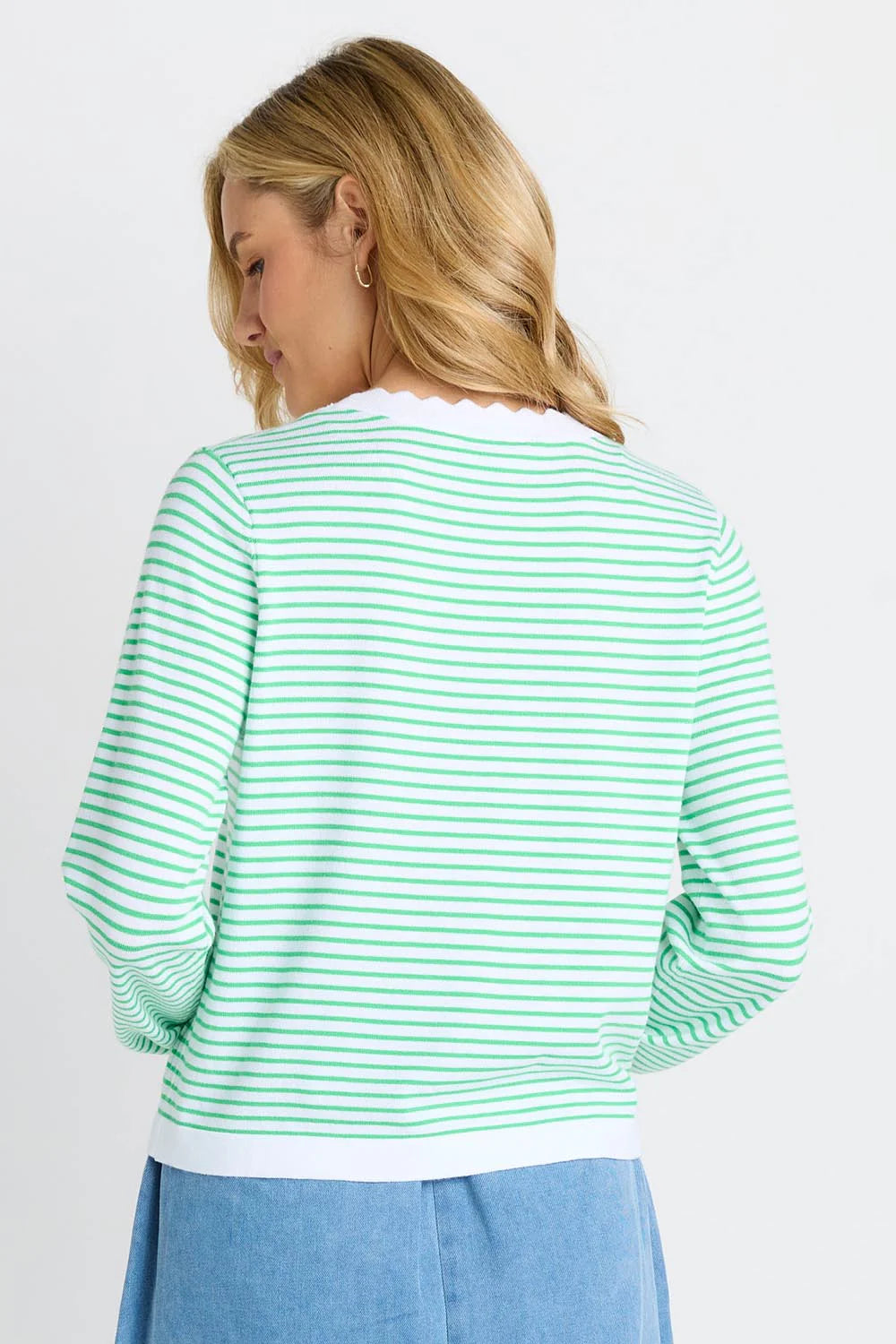 BETTY BASICS Scallop Knit Sweater - Green Stripe