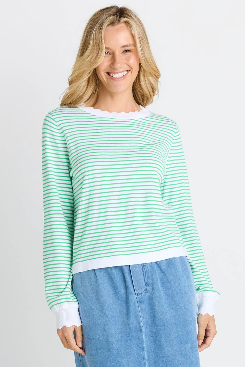 BETTY BASICS Scallop Knit Sweater - Green Stripe