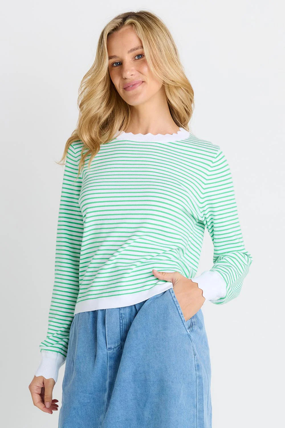 BETTY BASICS Scallop Knit Sweater - Green Stripe