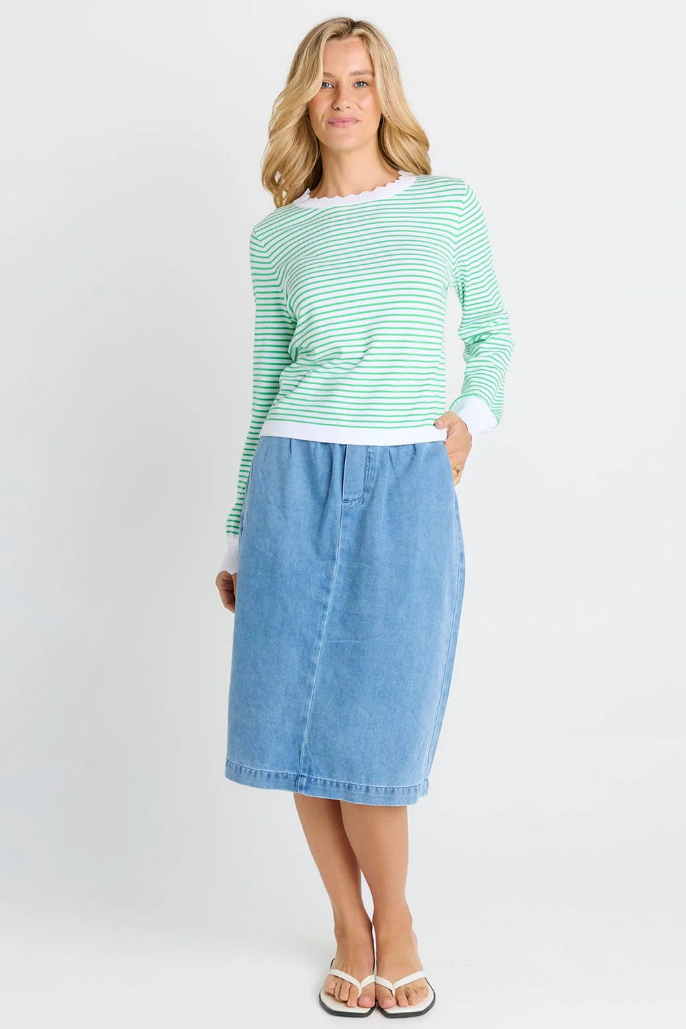 BETTY BASICS Scallop Knit Sweater - Green Stripe
