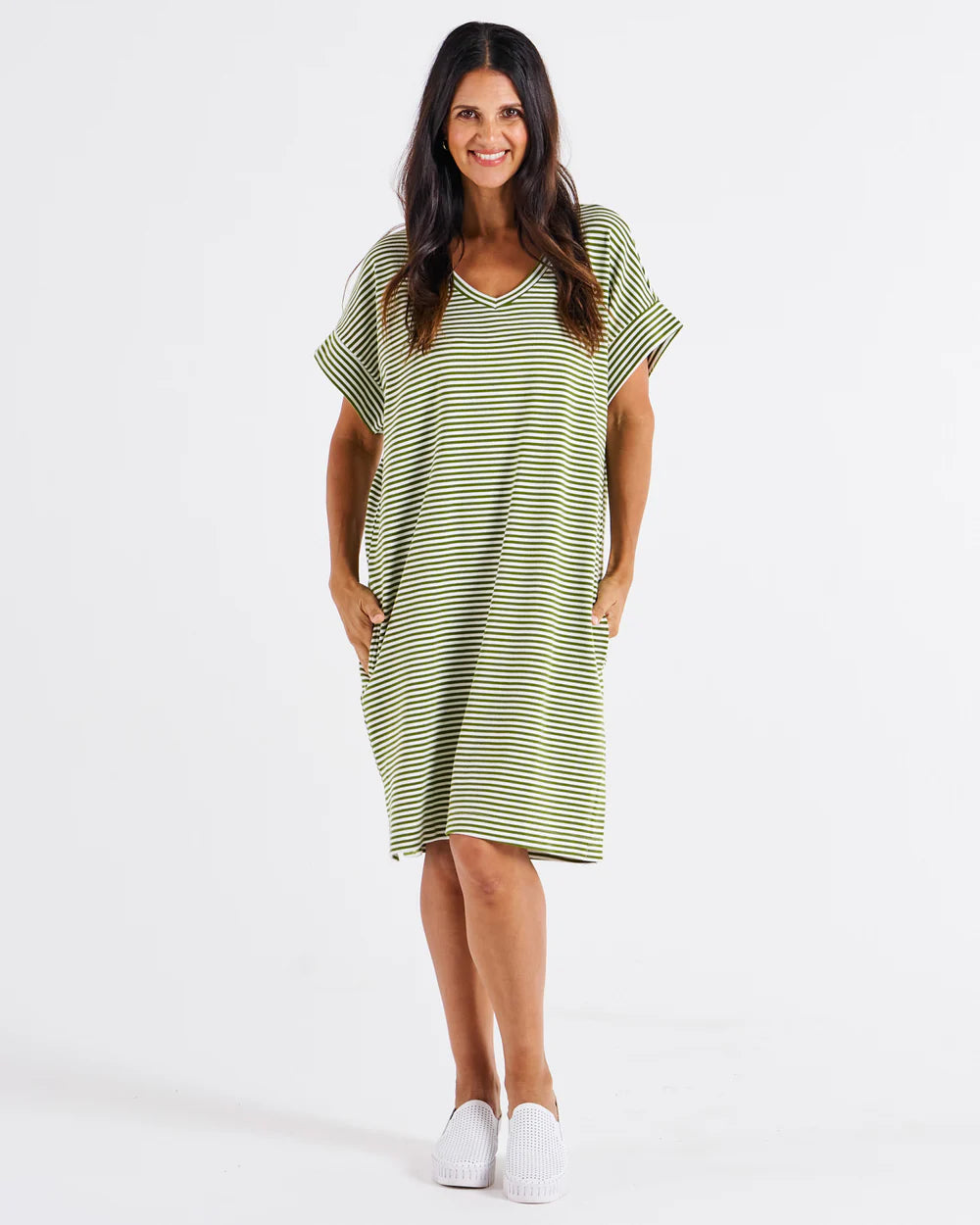 BETTY BASICS  Elise V-Neck Rib Dress - Avocado Stripe