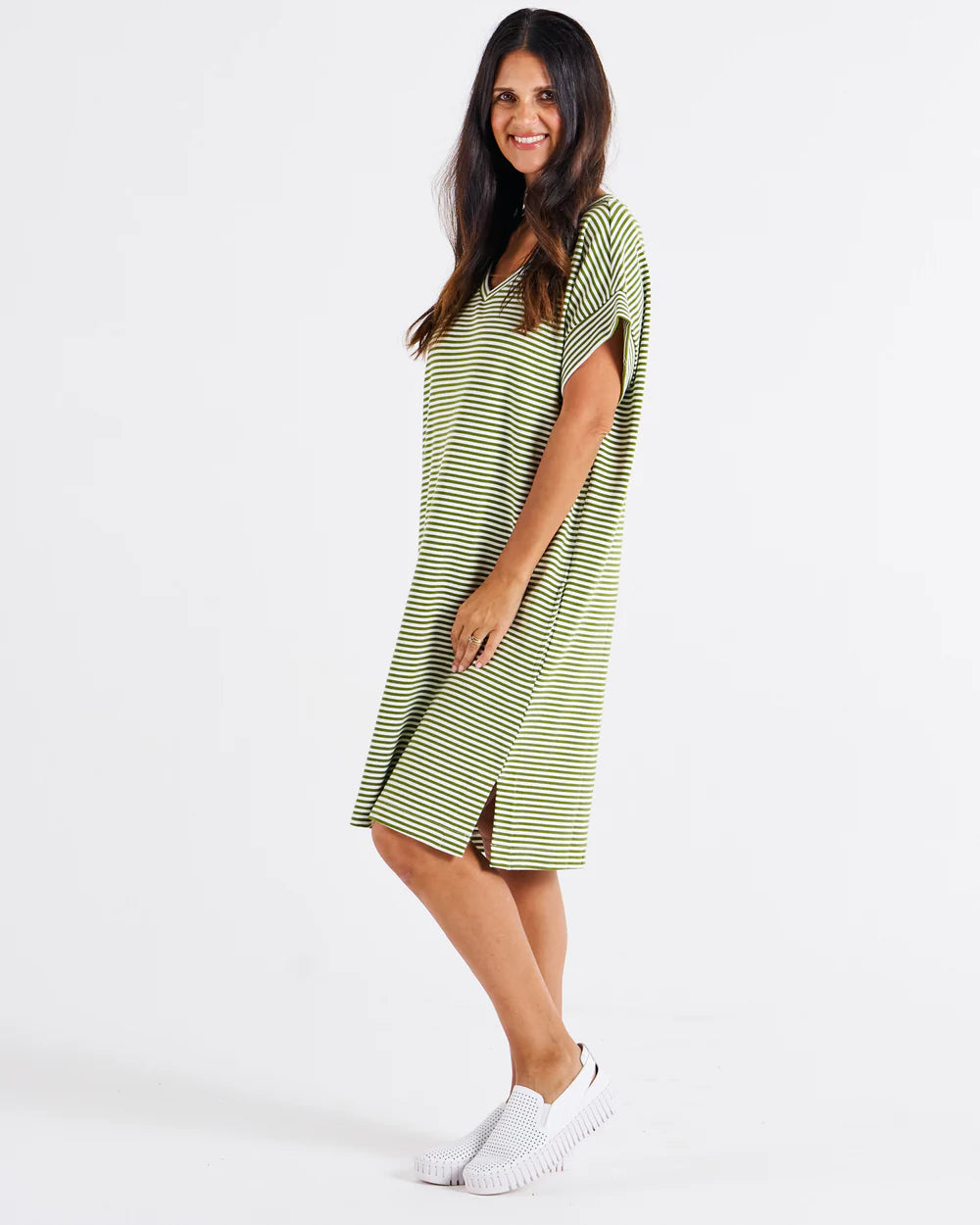 BETTY BASICS  Elise V-Neck Rib Dress - Avocado Stripe