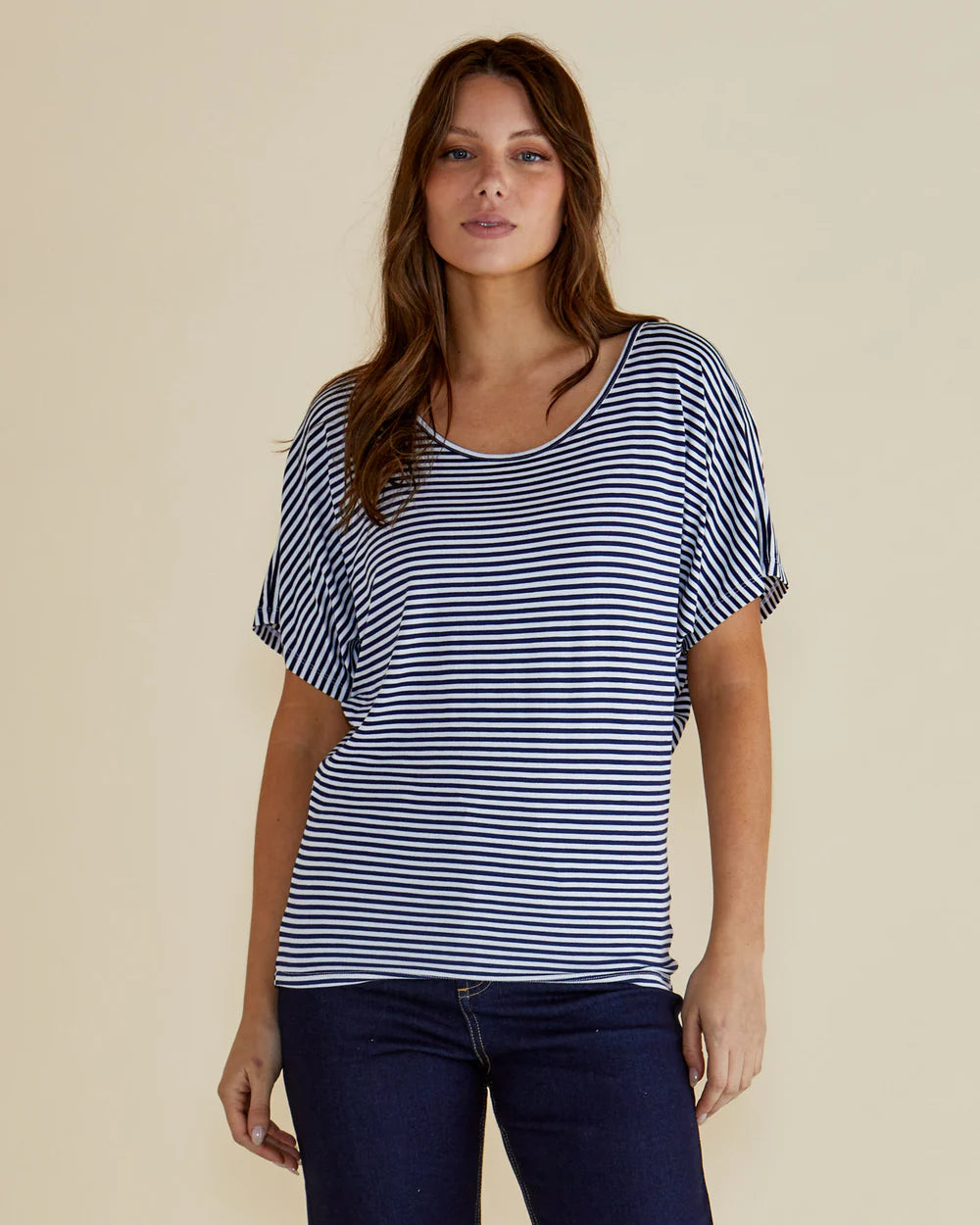 BETTY BASICS Maui Tee - Navy Blue/White Stripe