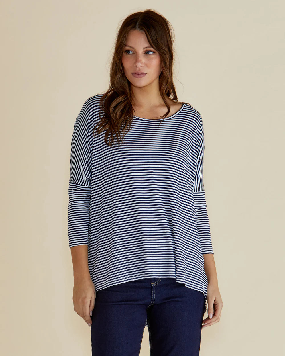 BETTY BASICS Milan 3/4 Sleeve Top - Navy/White Stripe