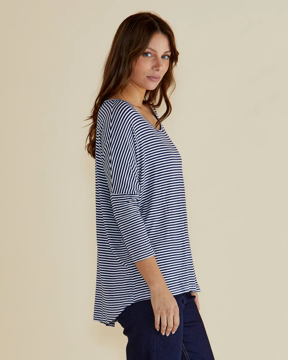 BETTY BASICS Milan 3/4 Sleeve Top - Navy/White Stripe