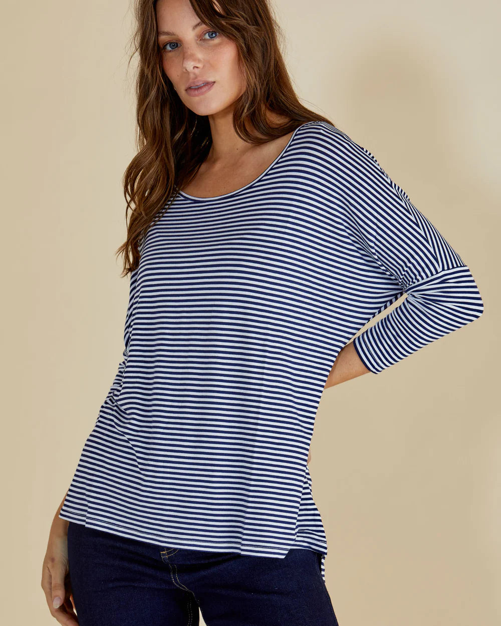 BETTY BASICS Milan 3/4 Sleeve Top - Navy/White Stripe