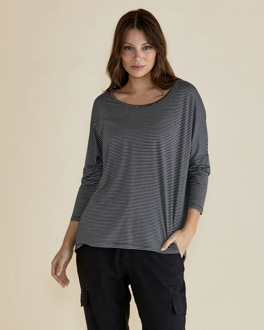 BETTY BASICS Milan 3/4 Sleeve Top - Charcoal Stripe