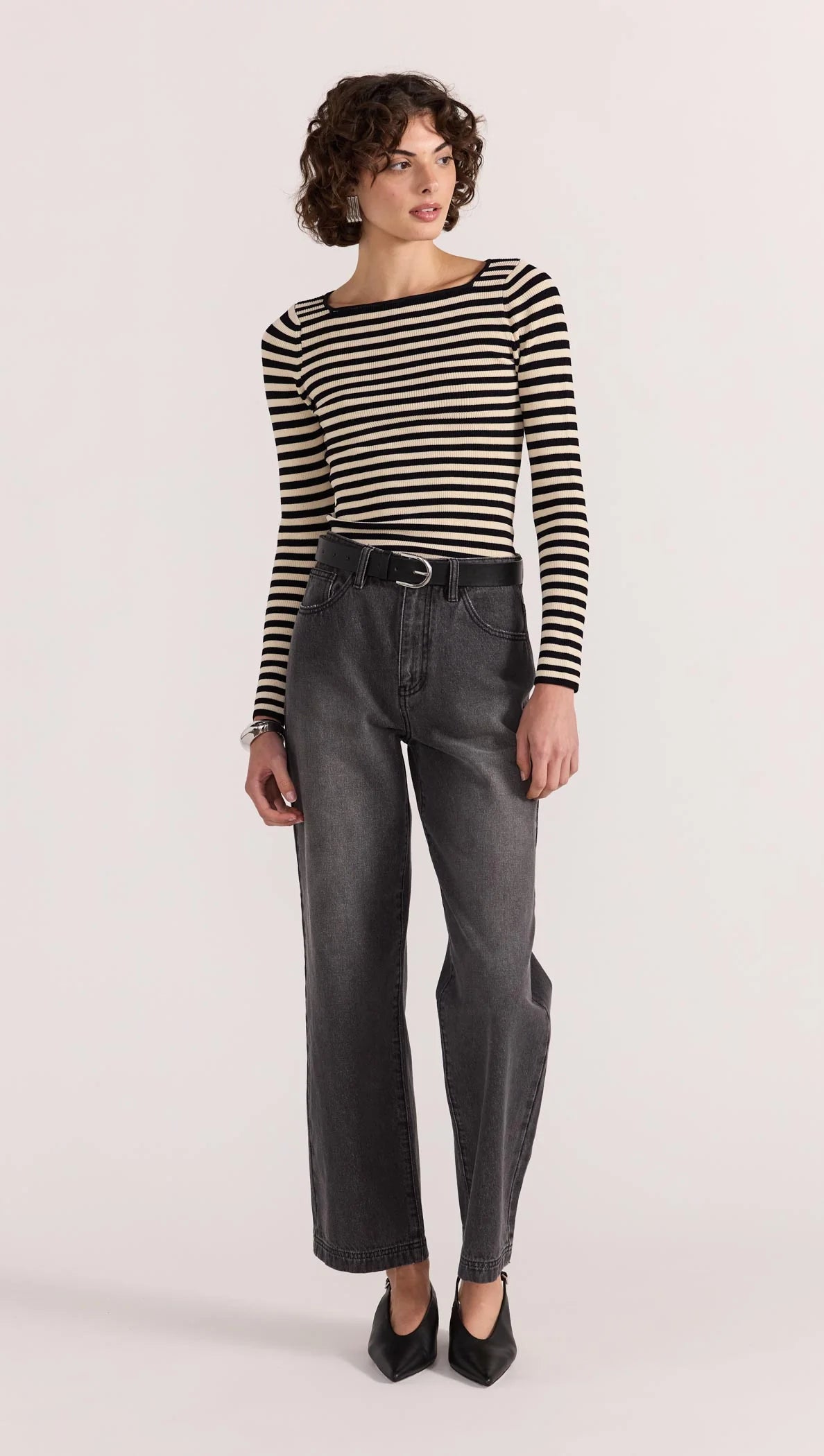 STAPLE THE LABEL Lana Stripe Knit Top - Black/Cream