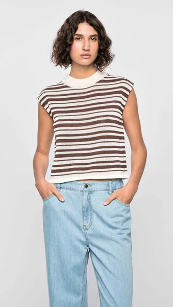 STAPLE THE LABEL  PALMER STRIPE KNIT TANK - White/Expresso