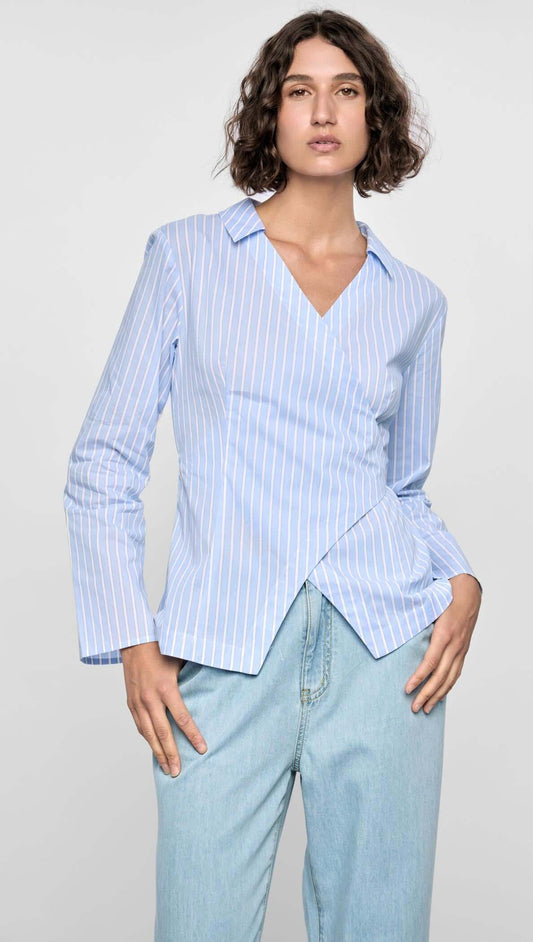 STAPLE THE LABEL AYRA PINSTRIPE WRAP TOP - Blue/White Stripe