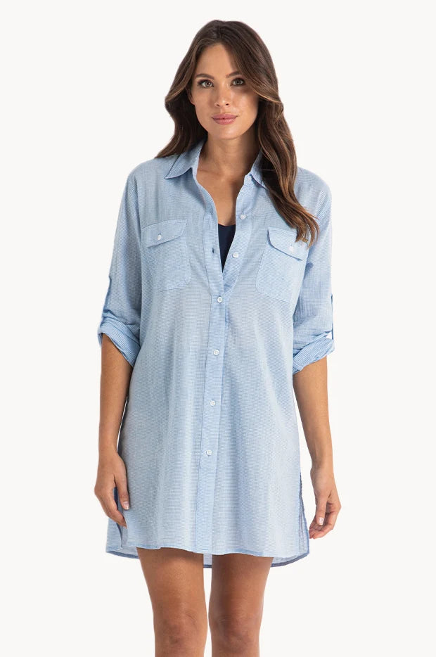JANTZEN Treasures Stripe Button Through Shirt - Blue