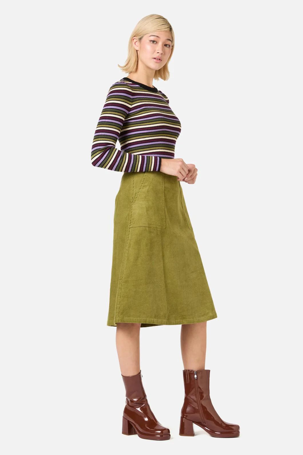 PRINCESS HIGHWAY Darcy Stripe Rib Knit Top - Olive/Purple