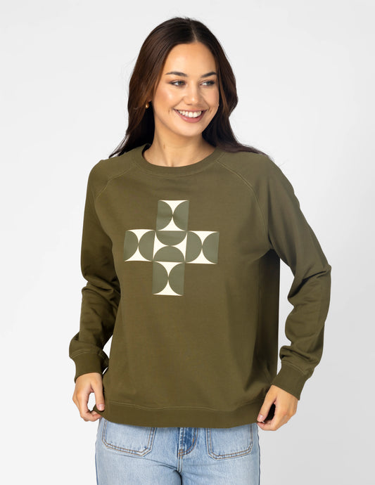 STELLA + GEMMA Classic Sweater - Olive Mosaic Cross