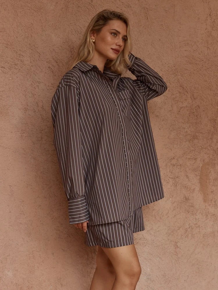 SASS Marty Piped Stripe Shirt - Choc Stripe