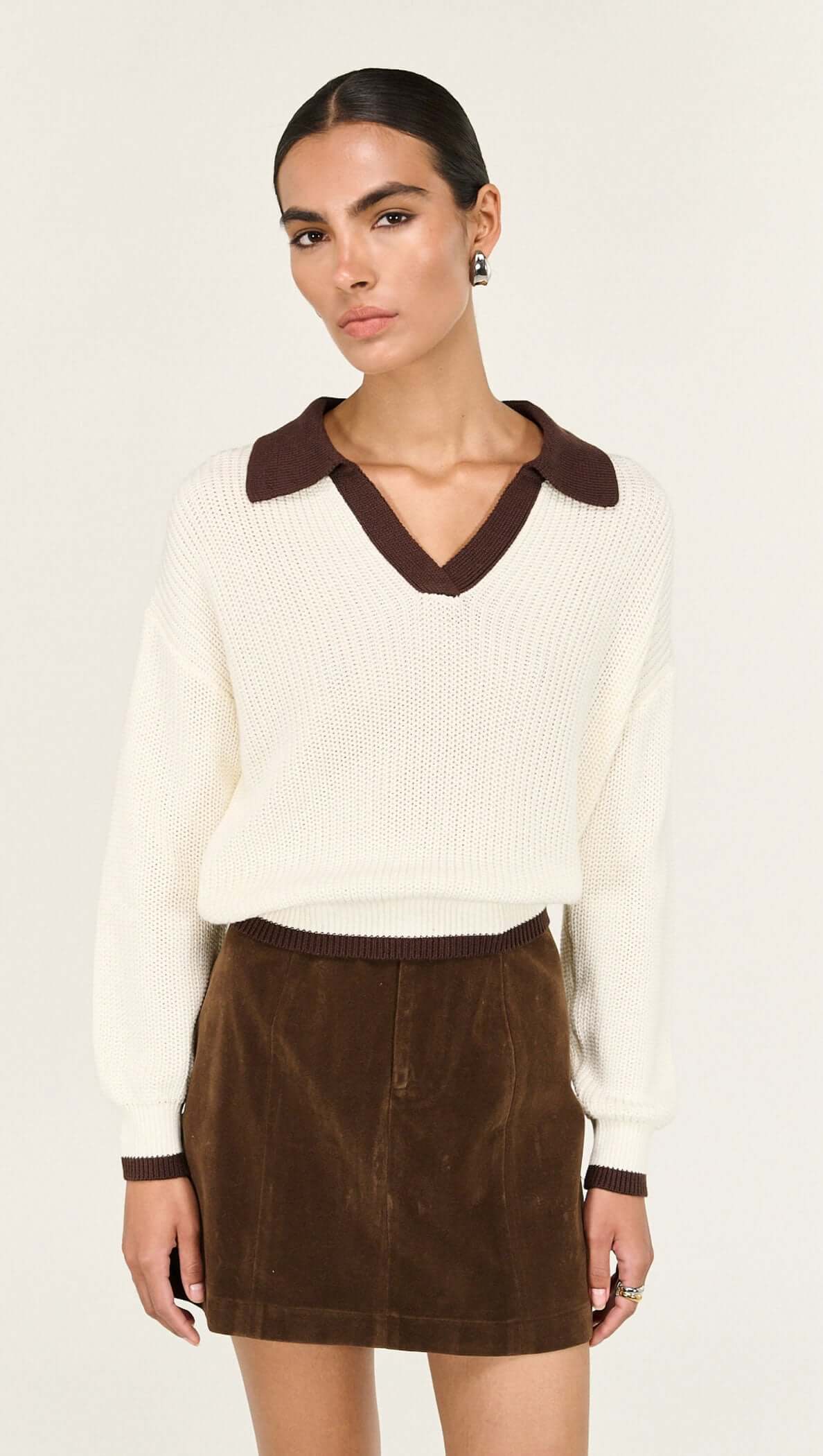 STAPLE THE LABEL Daria Polo Jumper - Off White/Chocolate