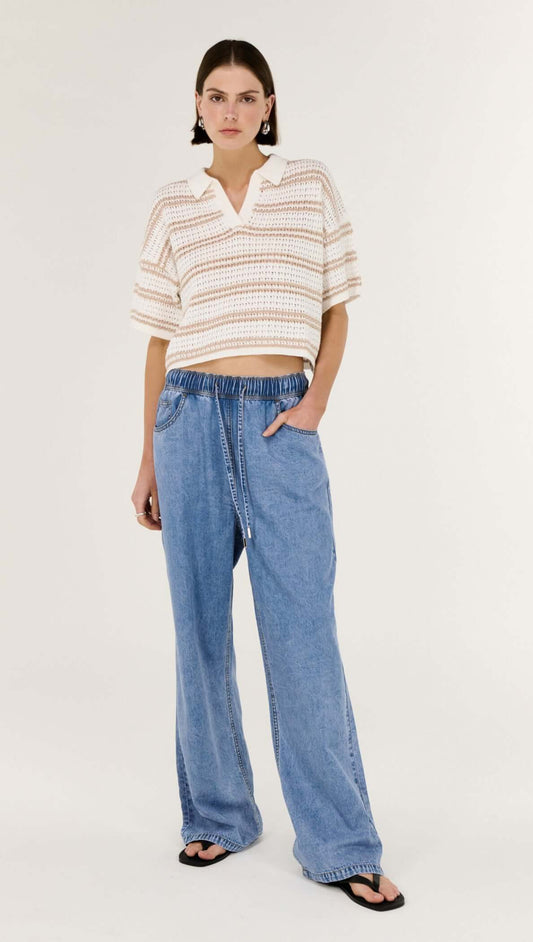 STAPLE THE LABEL Eamon Knit Polo Tee - White/Beige Stripe