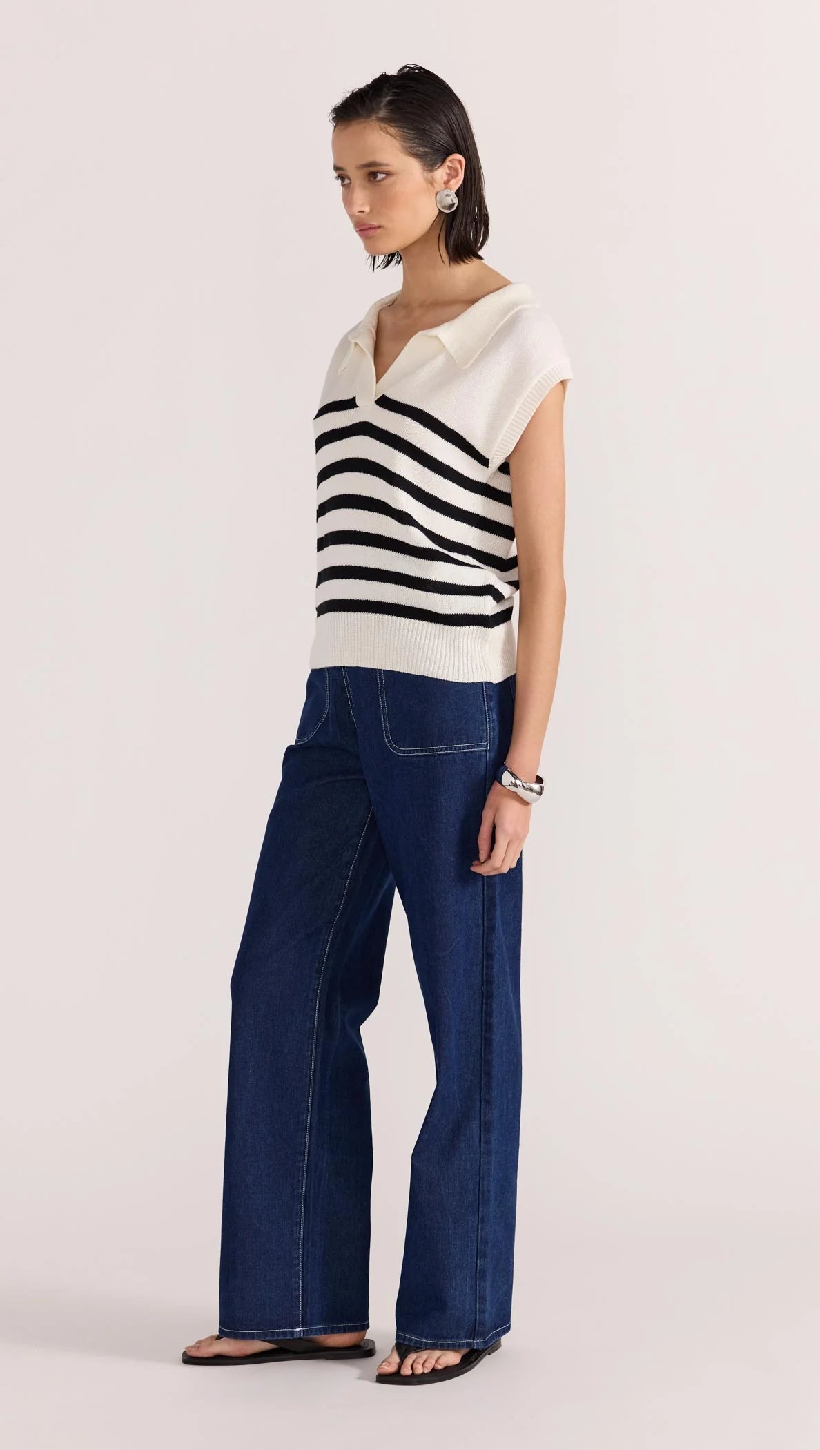 STAPLE THE LABEL Remi Stripe Polo Knit - Cream / Black