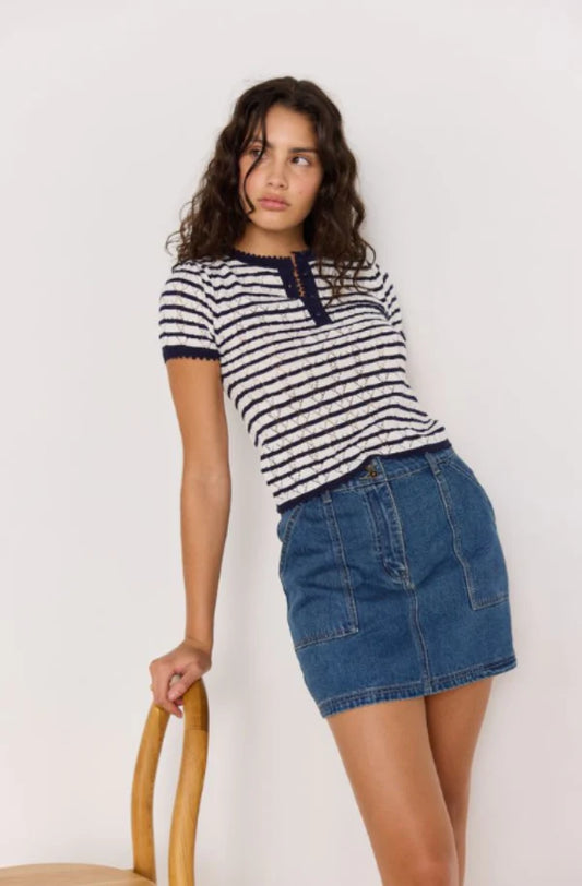 MINKPINK  CHLOE STRIPE KNIT TEE - Navy/White