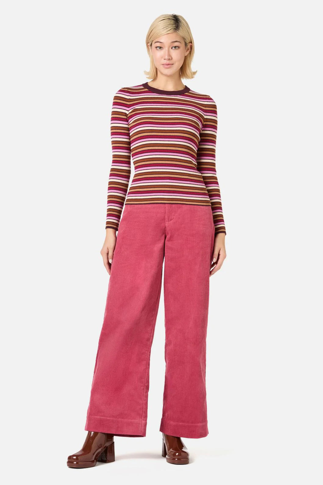 PRINCESS HIGHWAY Darcy Stripe Rib Knit Top - Pink/Tan