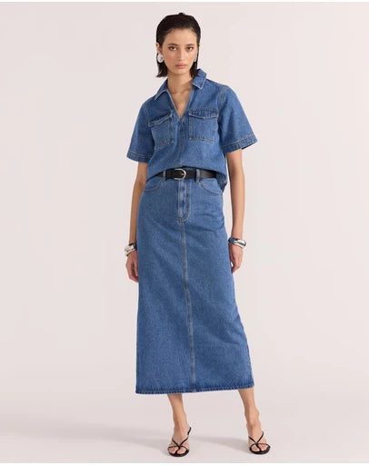 STAPLE THE LABEL Alden Denim Maxi Skirt - Mid Blue