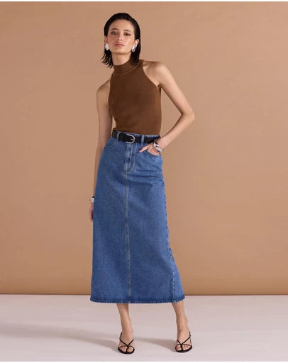 STAPLE THE LABEL Alden Denim Maxi Skirt - Mid Blue