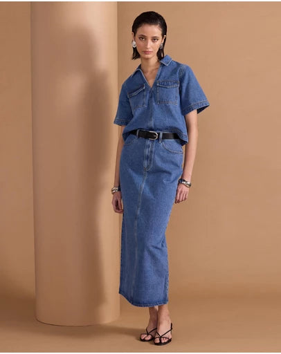 STAPLE THE LABEL Alden Denim Maxi Skirt - Mid Blue
