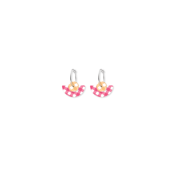 MOE MOE DESIGN Gingham FuchsiaLayered Trinity Moon Hoop Earrings - Pink & Yellow
