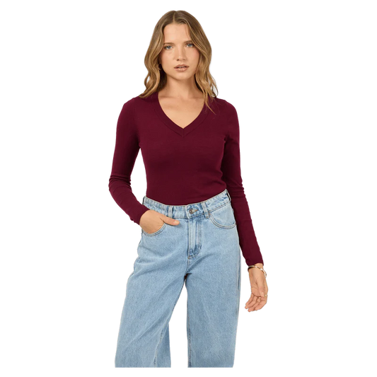 Silent theory Ashton Knit Vee L/S Top - Cherry